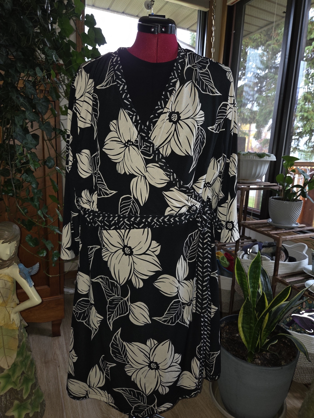 Tribal Black and Cream Reversible Floral Wrap Dress
